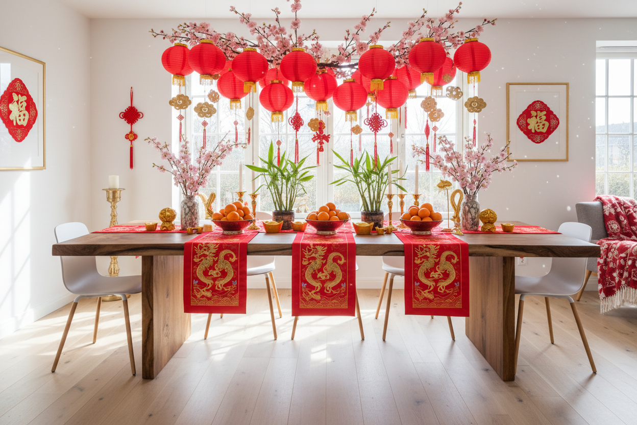 Chinese New Year Festive Holiday Decoration with live edge saur wood dining table , in a scandinavian dining room environment 