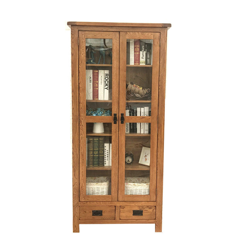 ETHAN Nordic Solid Oak Wood Large Glass Display Cabinet Bookshelf